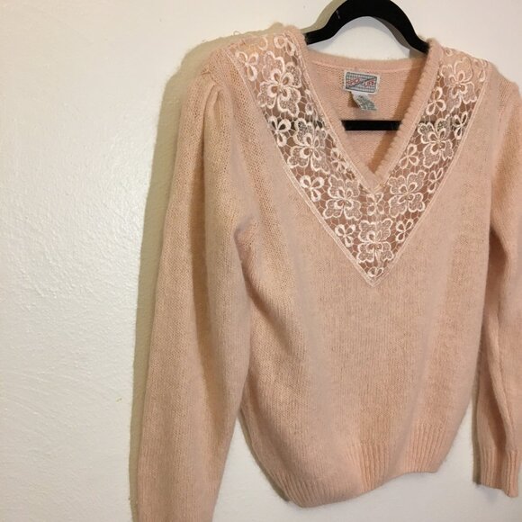 Vintage 80s Angora Blend Sweater Deep V Lace Grannycore Grandma Coquette (T6) - Picture 7 of 13